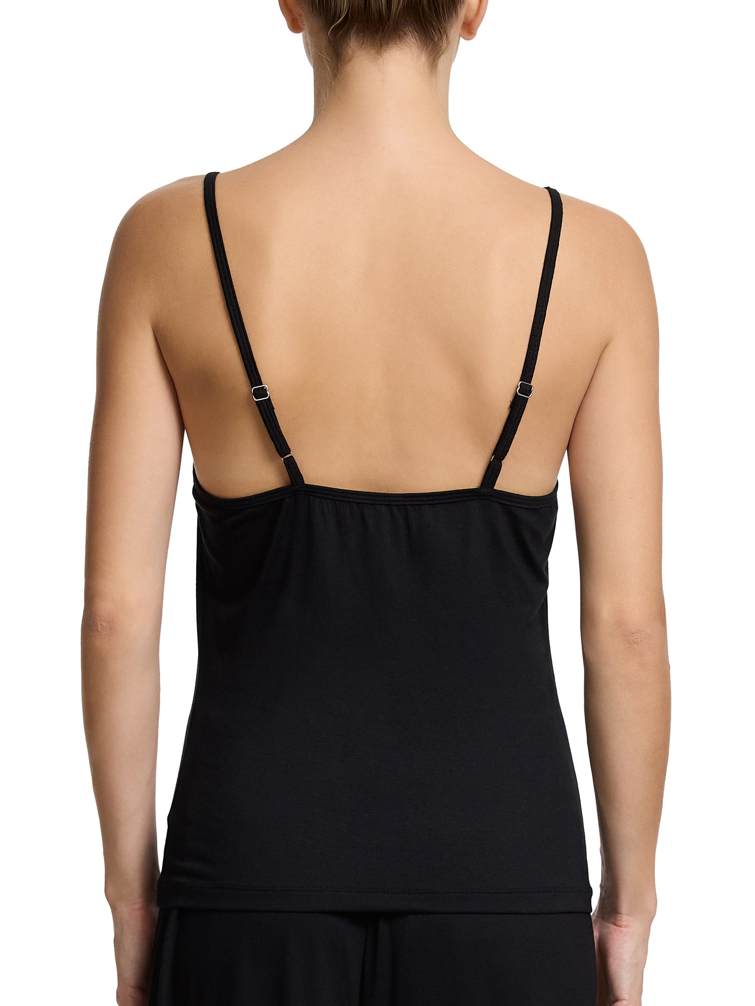 Unwind Cami Black Adjustable Strap Sleep Cami - Back View On Model | Hanky Panky