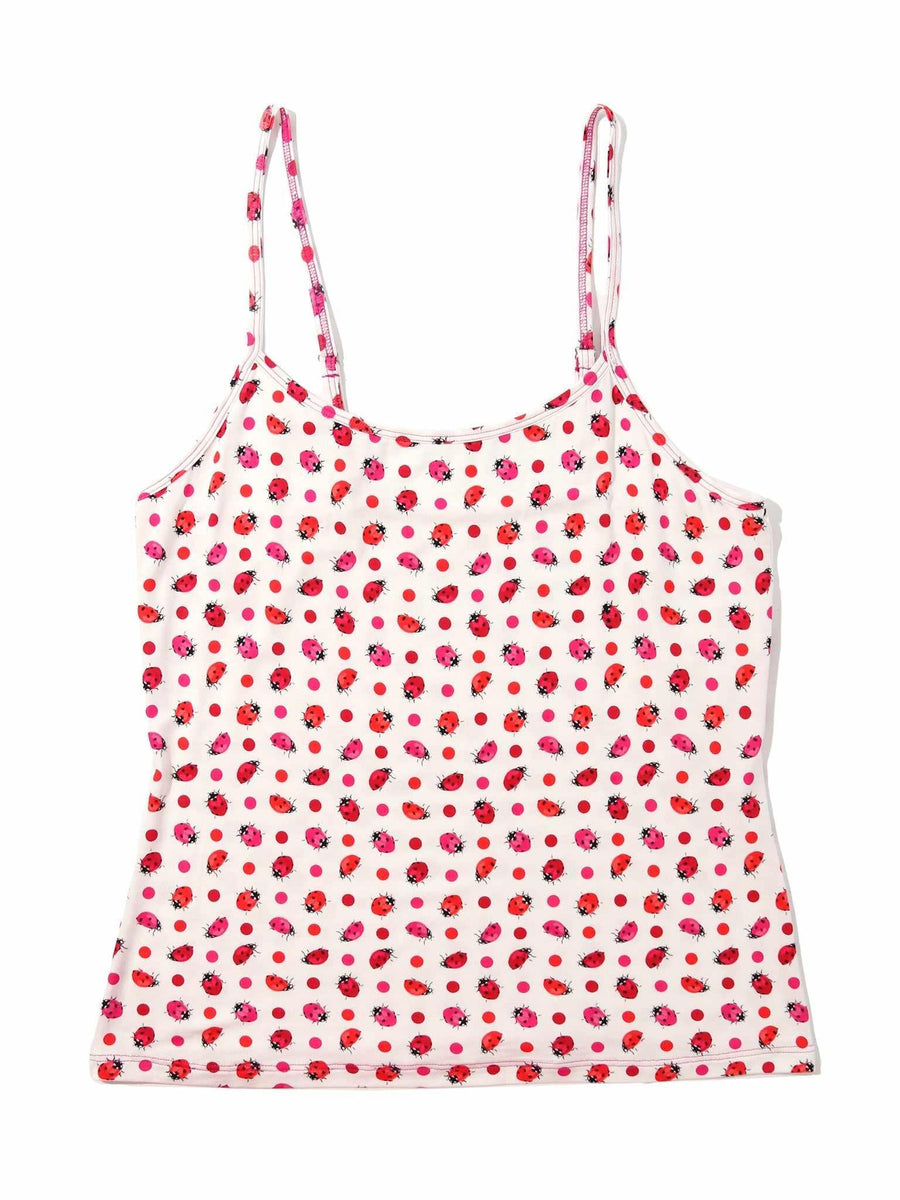 Unwind Cami Do Or Dot - White Ladybug Print Lounge Camisole Flat Lay, Spaghetti Straps Detail | Hanky Panky
