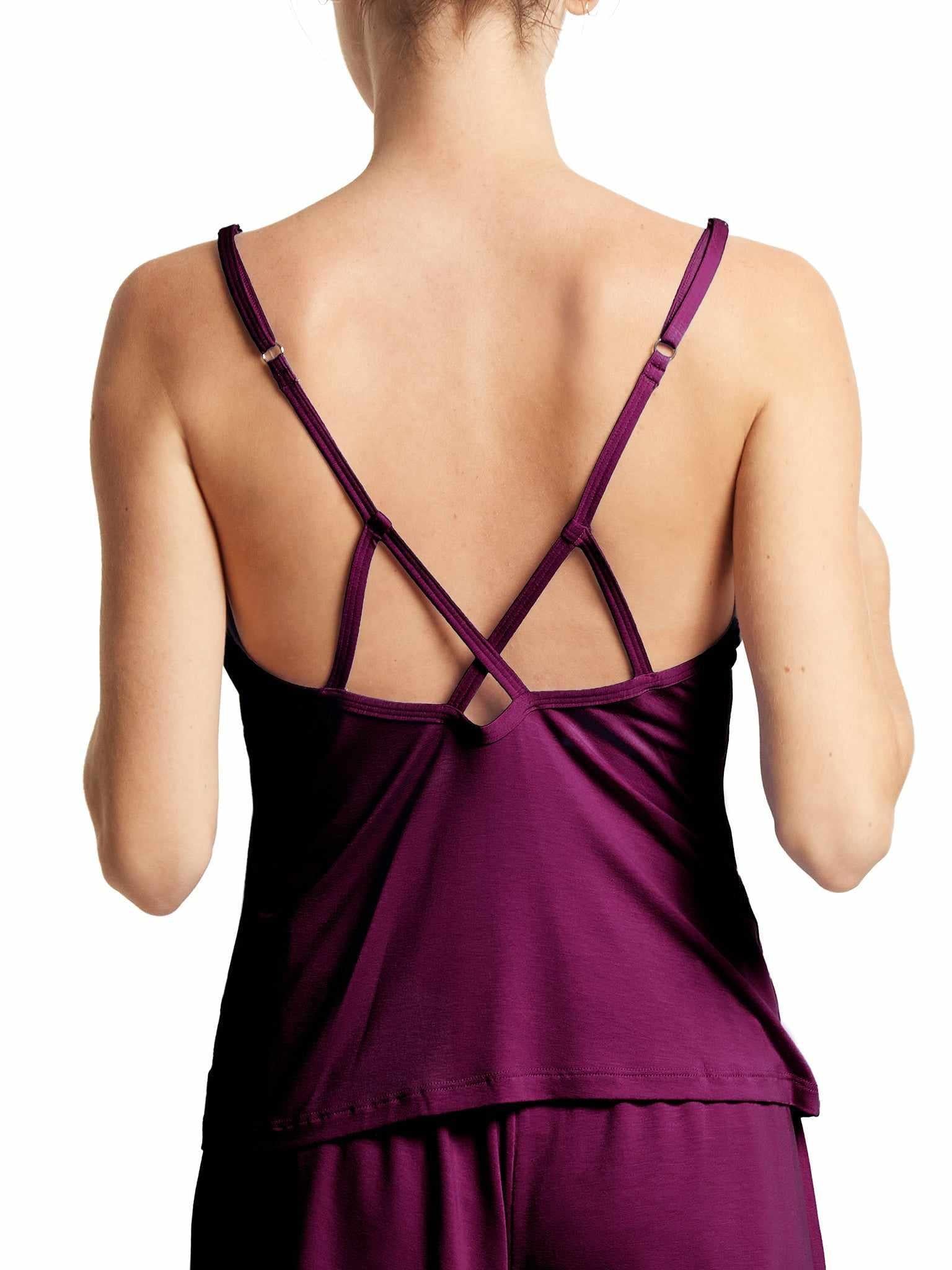 Sugar Plum Unwind Cami Strappy Crossback Detail - Back View, Sleep Camisole On Model | Hanky Panky
