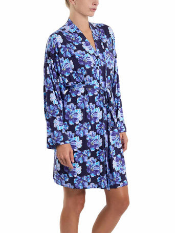 Nightfall Purple Floral MicroModal Knee Length Robe - Side View On Model | Hanky Panky