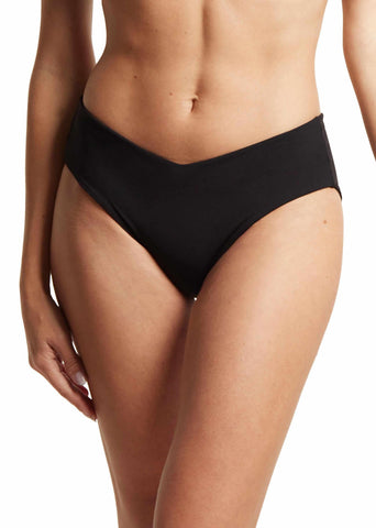 Black V-Kini Swimsuit Bottom Front View, V-Cut Waistband On Model | Hanky Panky