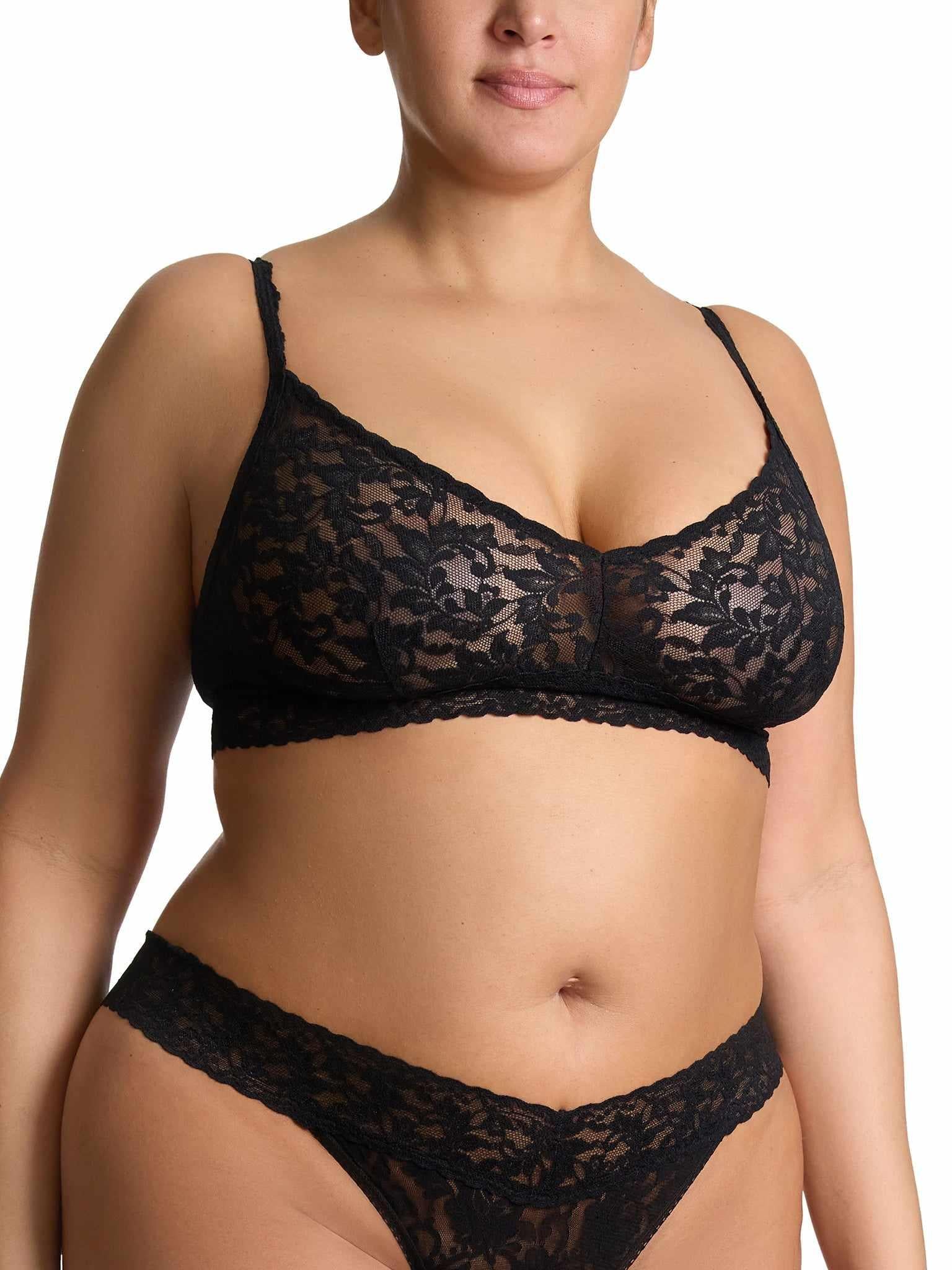 Black Lace Bralette Front View On Curvy Model with Matching Lace Thong | Hanky Panky