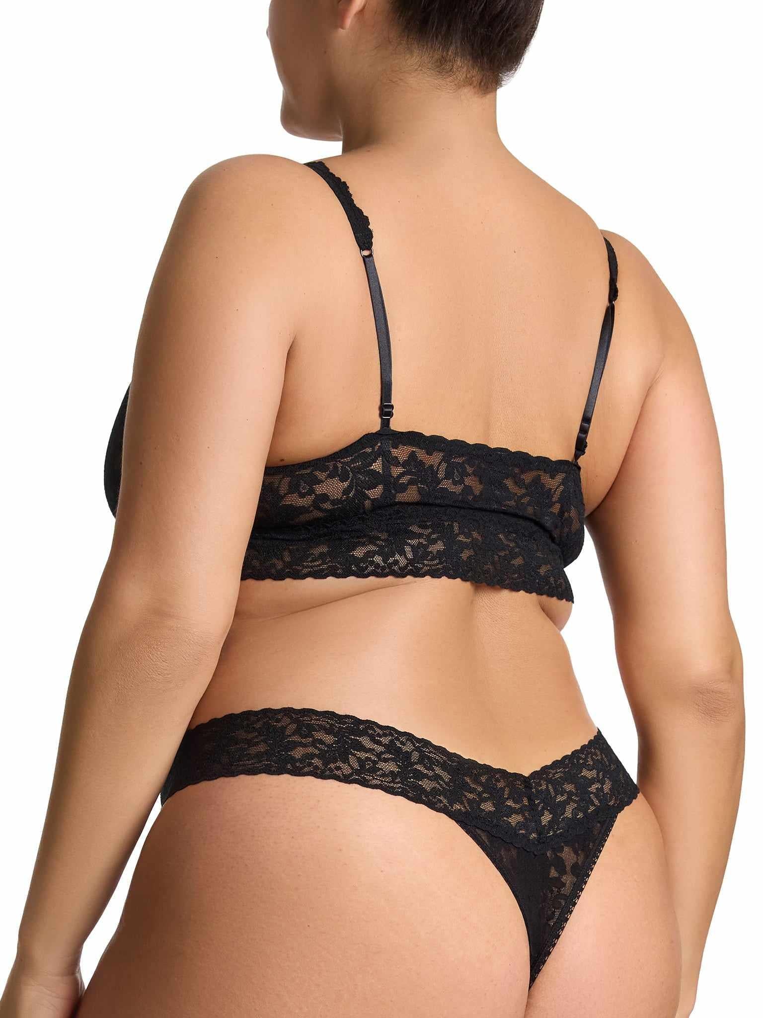 Black V-Neck Retro Lace Bralette - Back View On Curvy Model with Adjustable Straps | Hanky Panky
