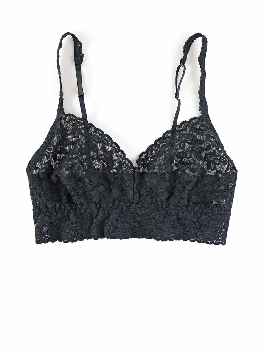 Black V-Neck Retro Lace Bralette - Flat Lay Showing Scalloped Lace Detail | Hanky Panky