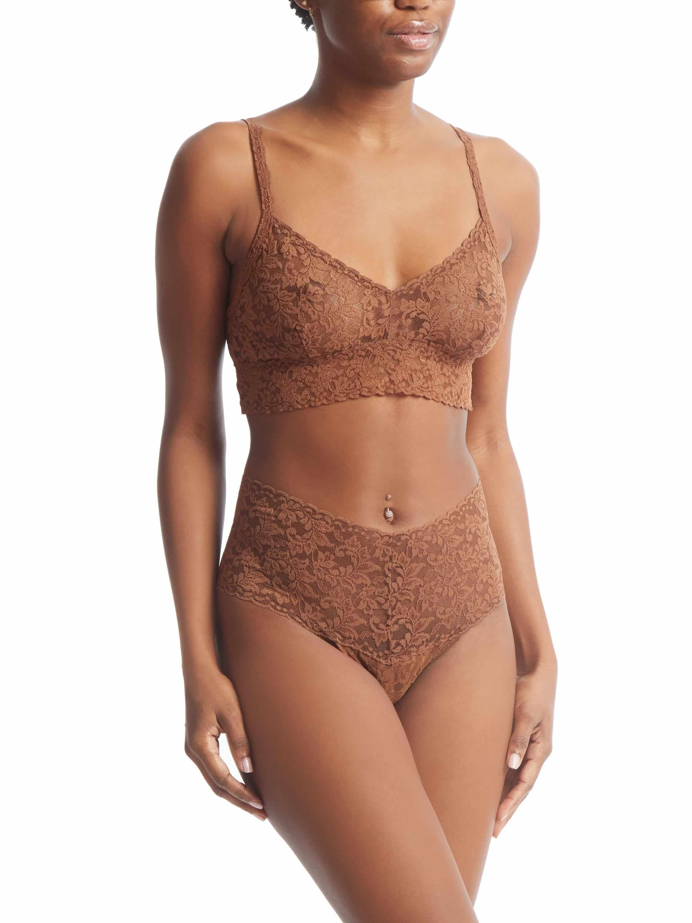 Macchiato Brown Retro Lace Bralette & Matching Lace Panty Set - Full On-Model View | Hanky Panky