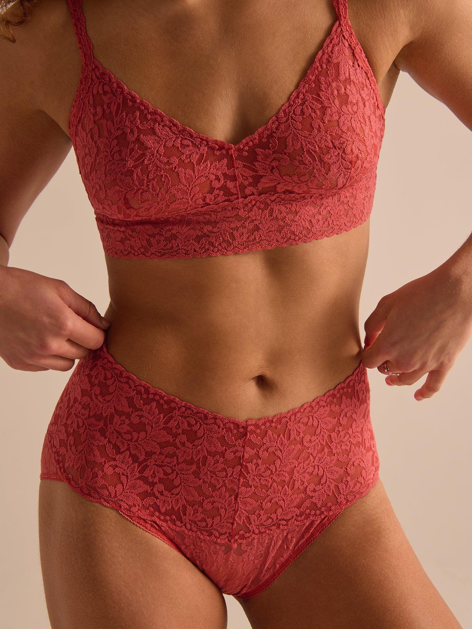 Naples Red V-Neck Retro Lace Bralette - Front On-Model with Matching Lace Set | Hanky Panky