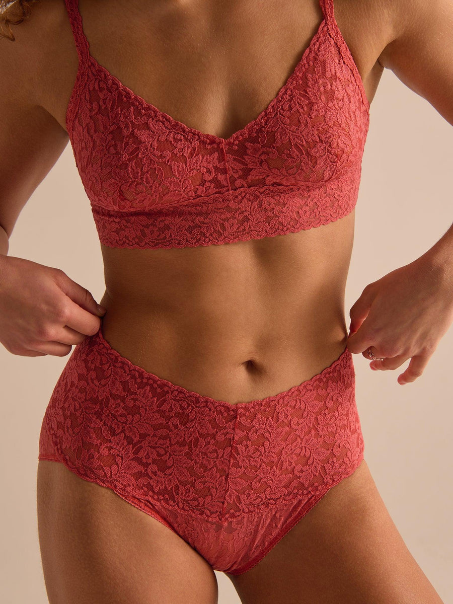 Naples Red V-Neck Retro Lace Bralette - Front On-Model with Matching Lace Set | Hanky Panky