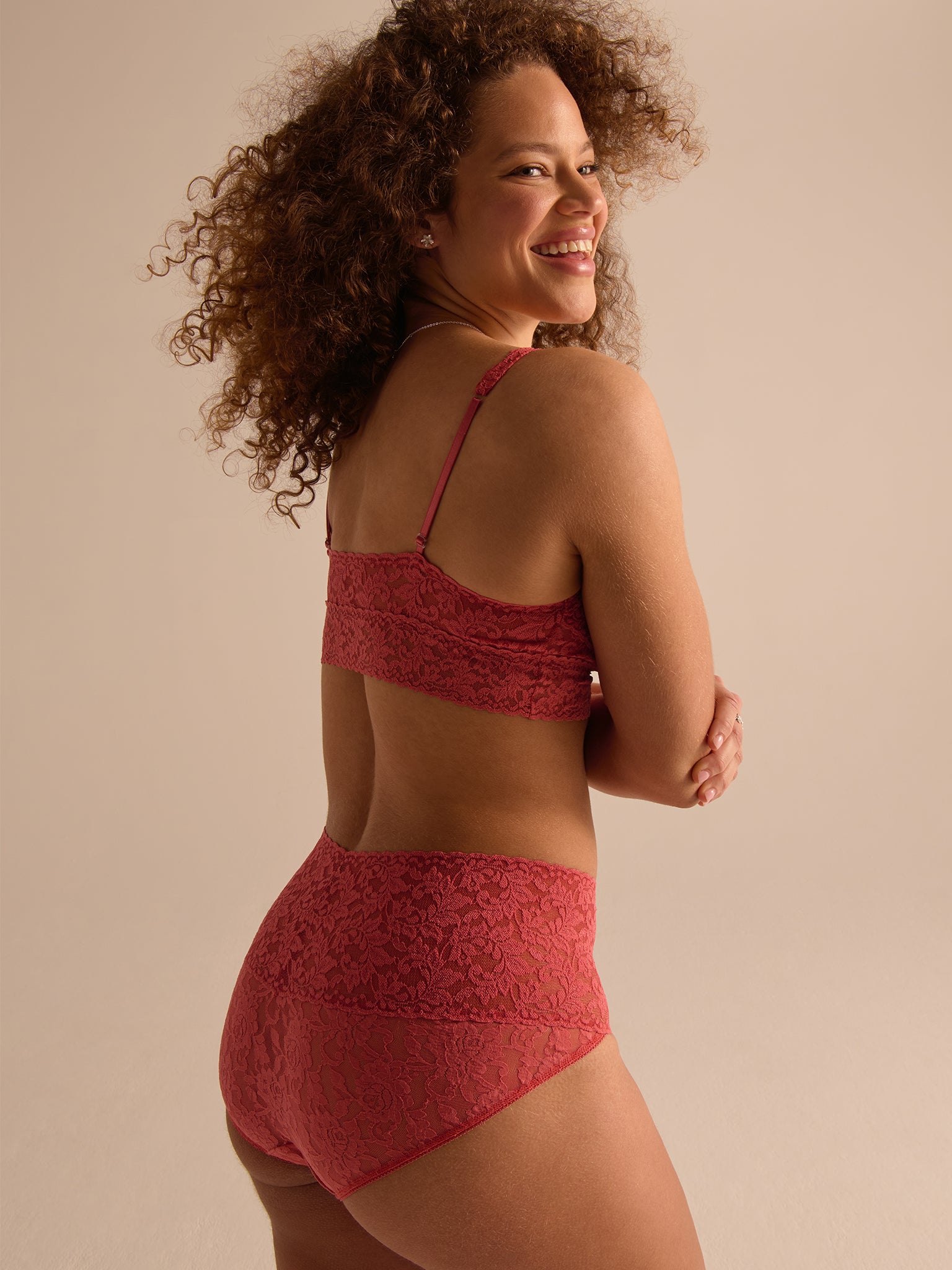 Naples Red Retro Lace Bralette - Back Three-Quarter Smiling On-Model with Matching Set | Hanky Panky