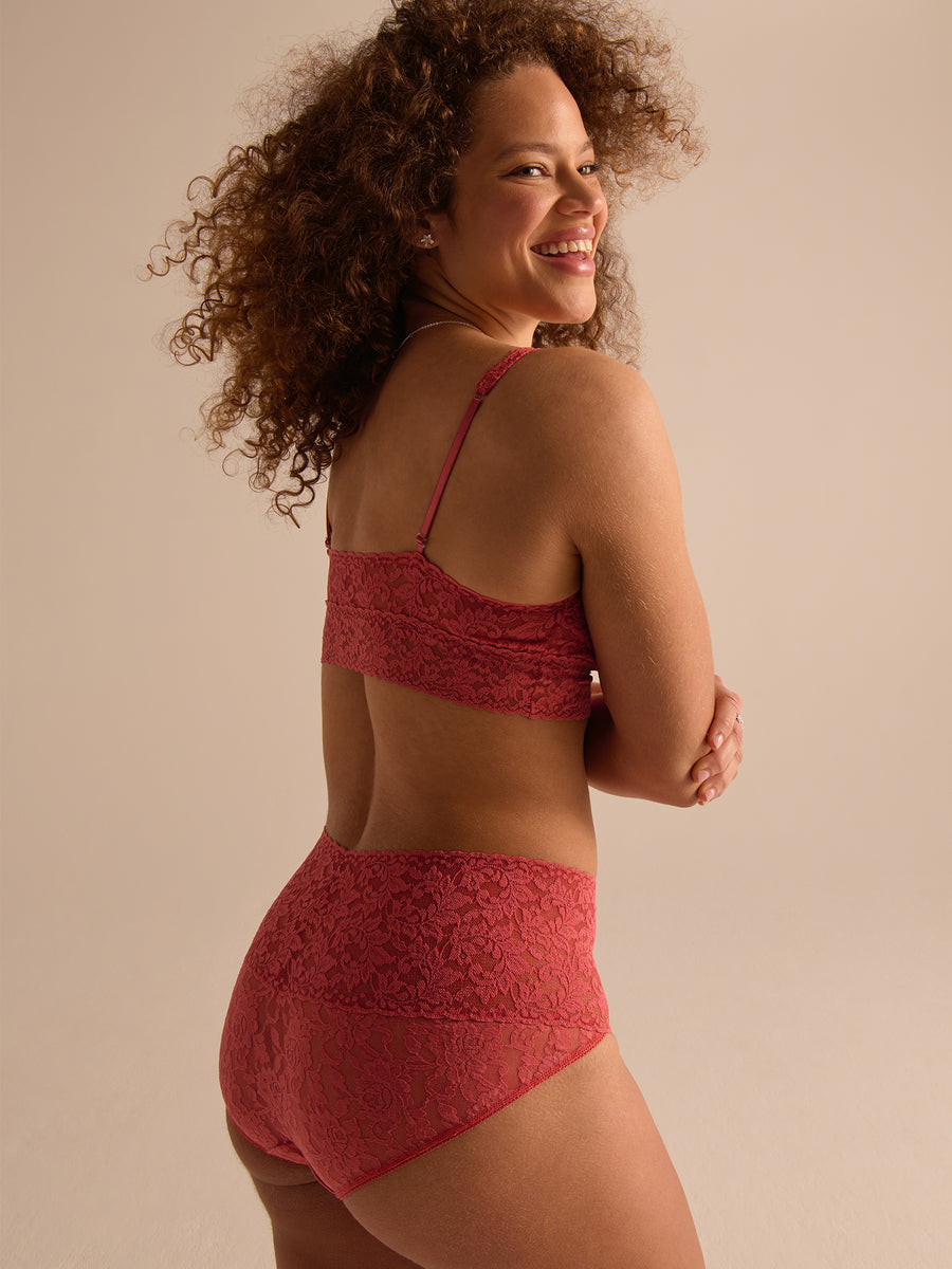Naples Red Retro Lace Bralette - Back Three-Quarter Smiling On-Model with Matching Set | Hanky Panky