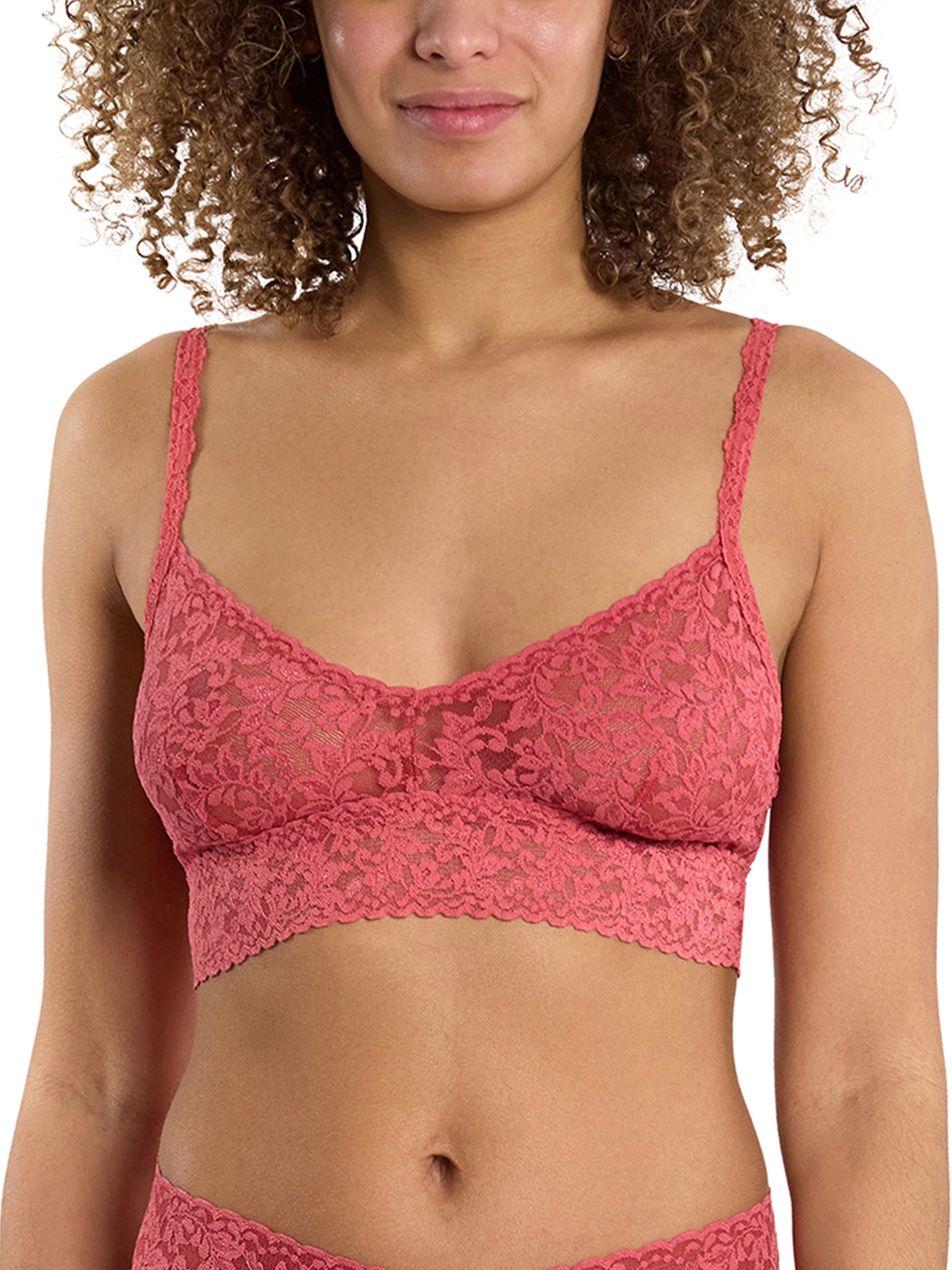 Naples Red V-Neck Retro Lace Bralette - Front Close-Up Floral Lace Detail On-Model | Hanky Panky