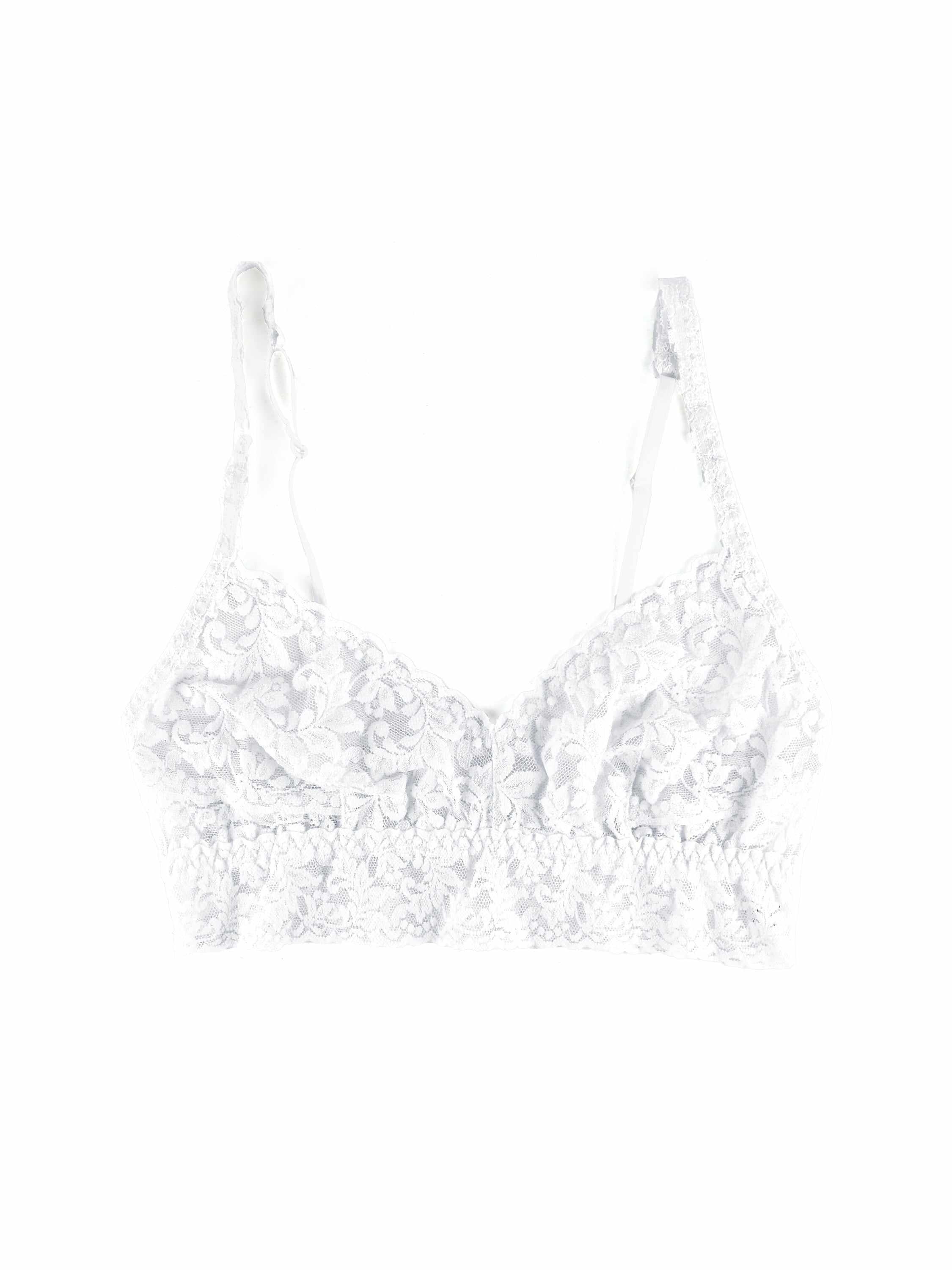 White V-Neck Retro Lace Bralette Flat Lay - Floral Lace Unlined Bralette with Scalloped Hem | Hanky Panky