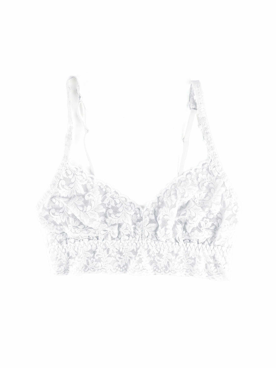 White V-Neck Retro Lace Bralette Flat Lay - Floral Lace Unlined Bralette with Scalloped Hem | Hanky Panky