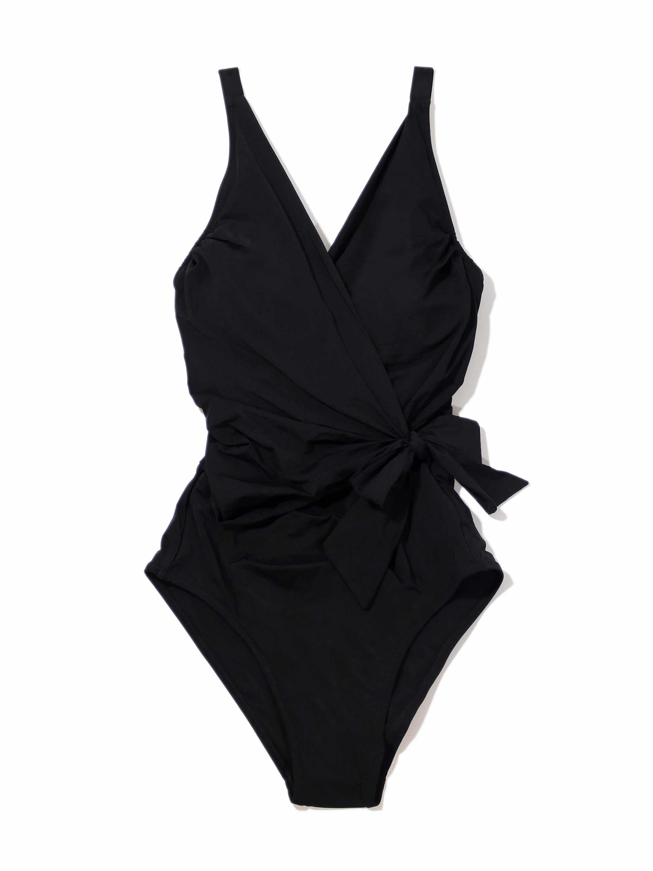 Black Wrap One Piece Swimsuit with V-neck and side knot - Flat Lay Front View | Hanky Panky