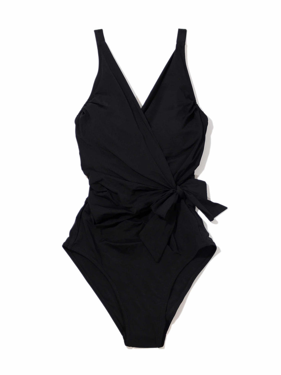 Black Wrap One Piece Swimsuit with V-neck and side knot - Flat Lay Front View | Hanky Panky