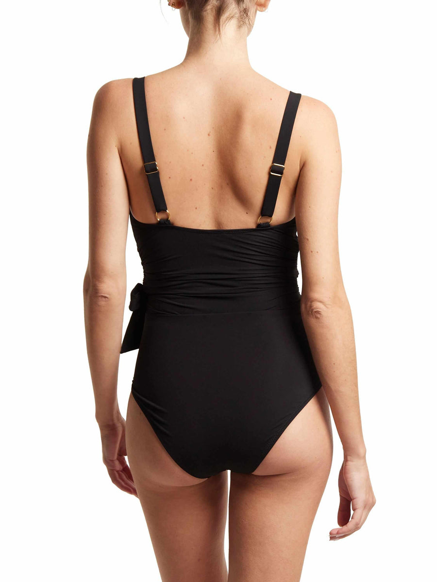 Black Wide Strap Wrap One Piece Swimsuit with gold hardware adjustable straps - Back View | Hanky Panky