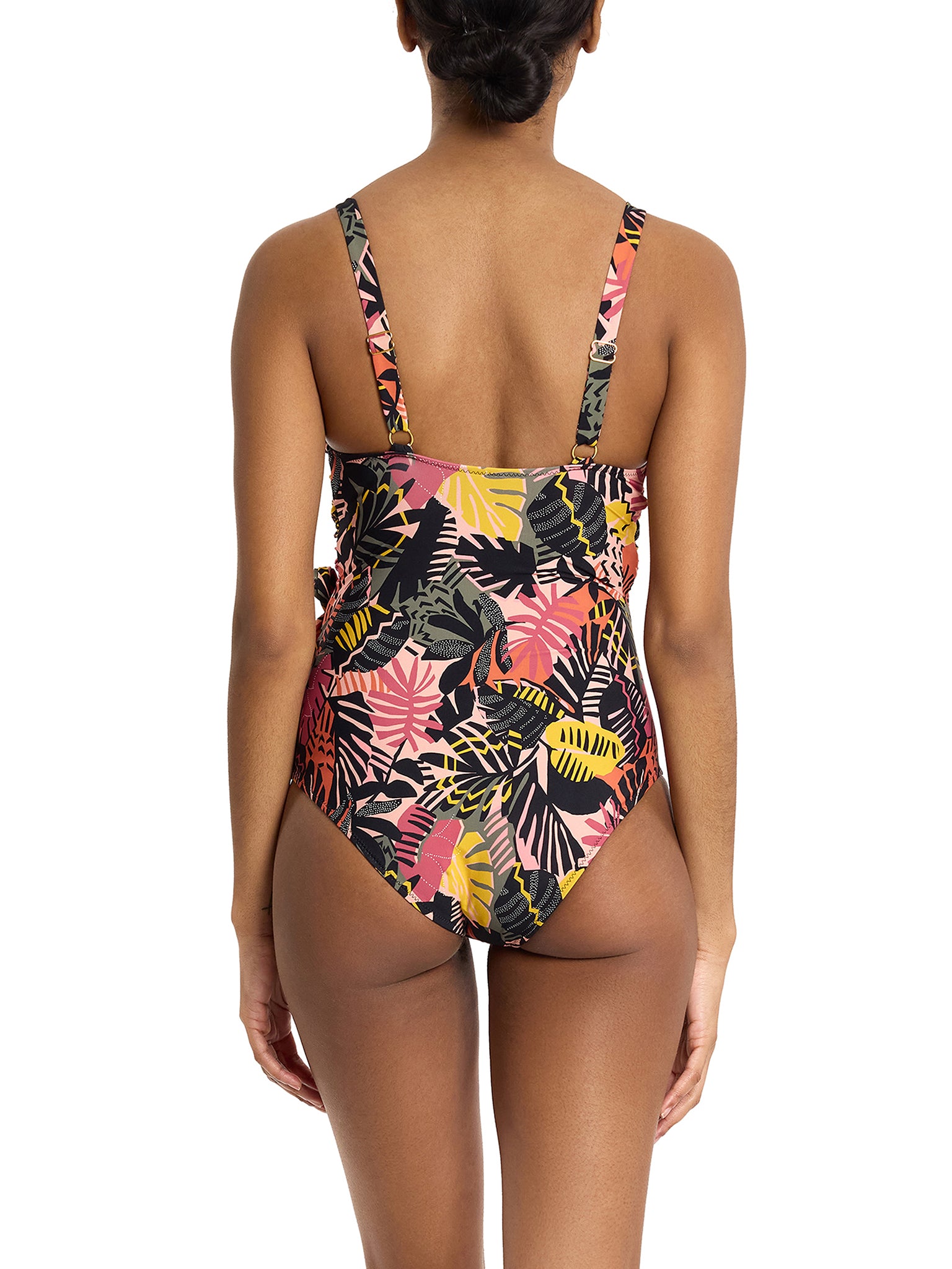 Palm Springs Tropical Print Wide Strap Wrap One Piece Swimsuit - Full Back View On Model | Hanky Panky