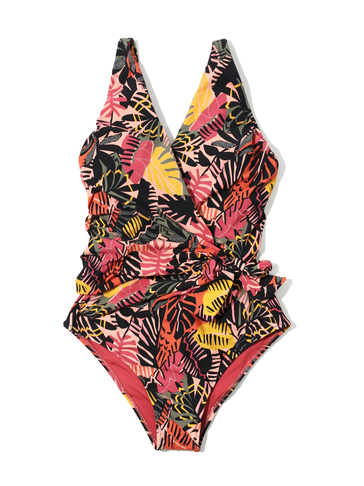 Palm Springs Tropical Print Wide Strap Wrap One Piece Swimsuit - Flat Lay Front View | Hanky Panky