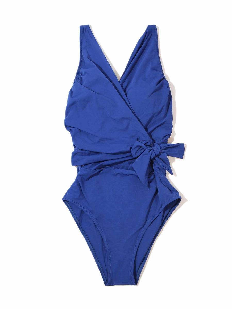 Poolside Blue Wide Strap Wrap One Piece Swimsuit - Flat Lay, Wrap Front Detail | Hanky Panky