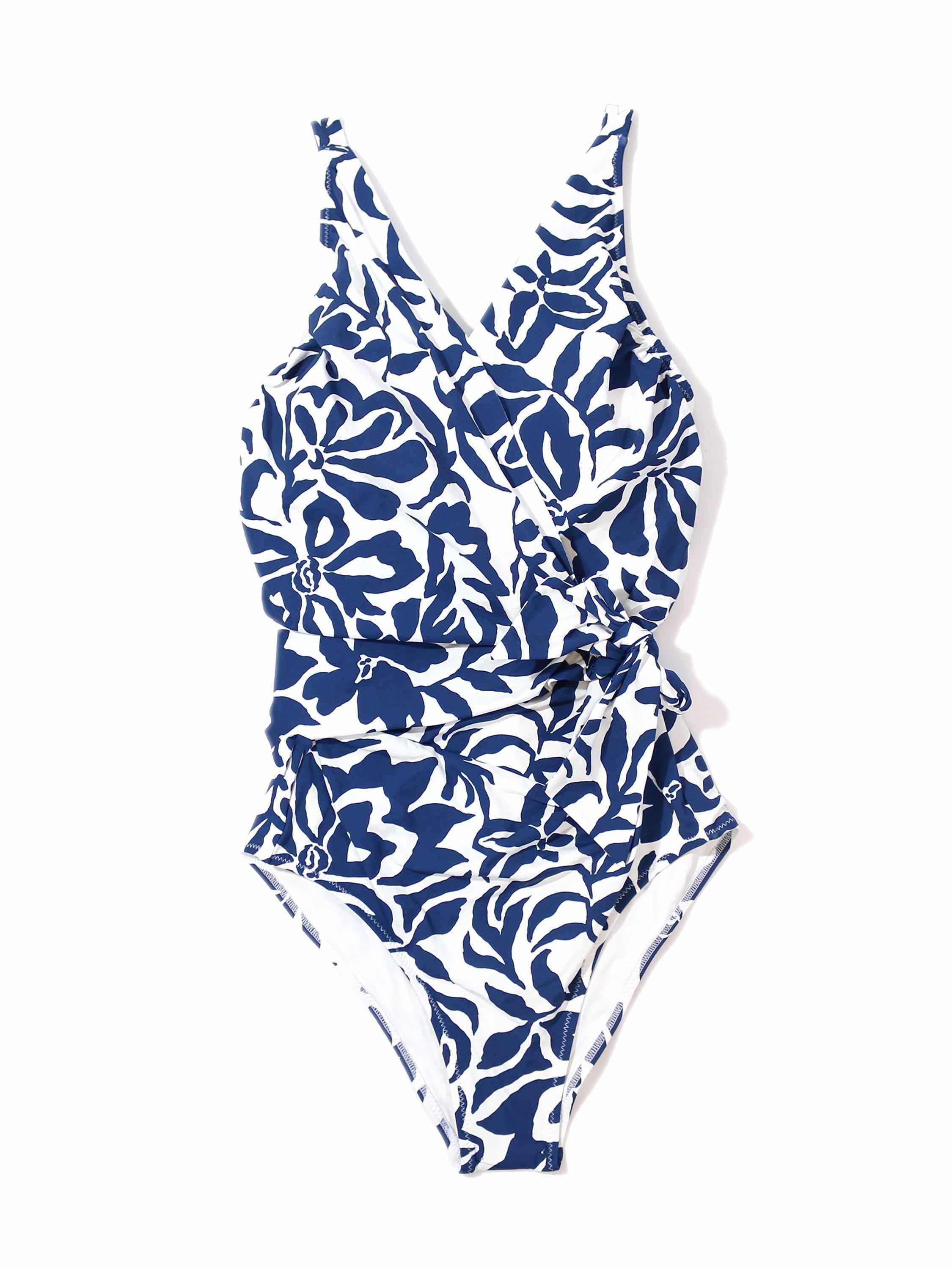 Poolside Blue Floral Wide Strap Wrap One Piece Swimsuit - Flat Lay | Hanky Panky