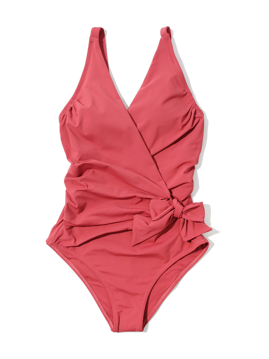 Sunbaked Red Wrap Front One Piece Swimsuit with Side Bow - Flat Lay | Hanky Panky