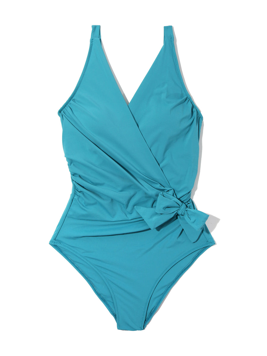 Tahiti Teal Wrap One Piece Swimsuit - Flat Lay, Wrap Front & Side Bow Detail | Hanky Panky