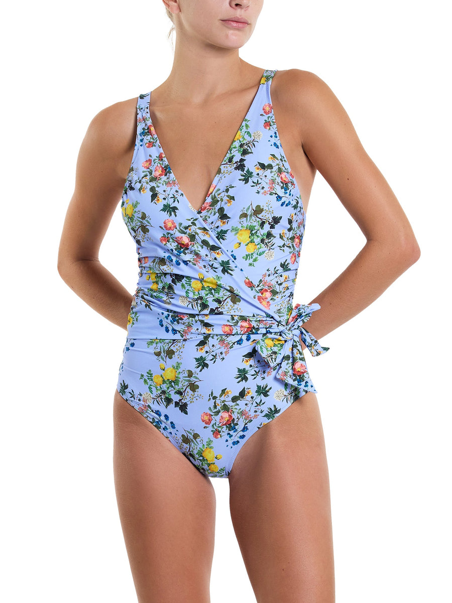 Periwinkle Floral Wide Strap Wrap One Piece Swimsuit - Front View On Model | Hanky Panky