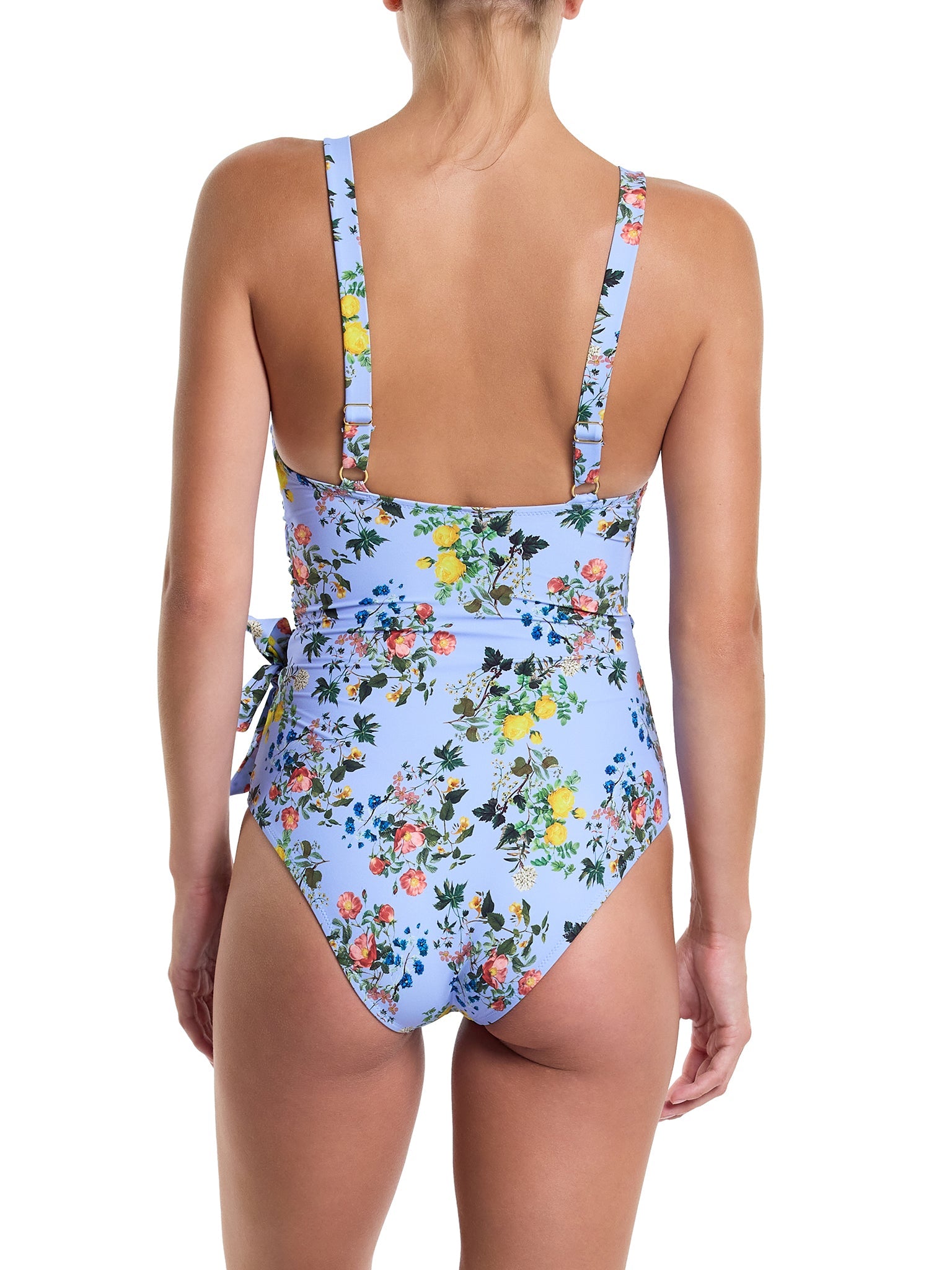 Periwinkle Floral Wide Strap Wrap One Piece Swimsuit - Back View On Model | Hanky Panky