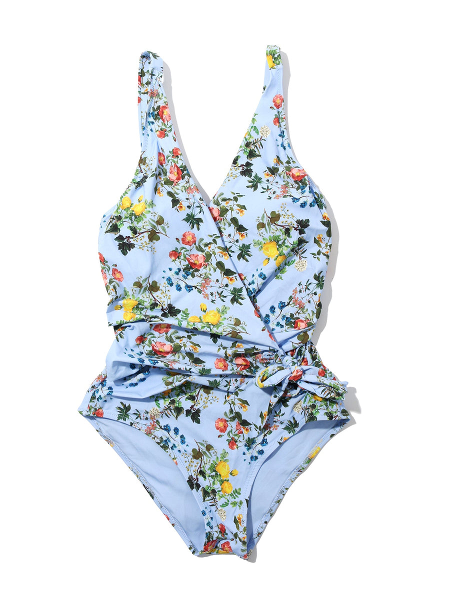 Periwinkle Floral Wide Strap Wrap One Piece Swimsuit - Flat Lay Detail | Hanky Panky