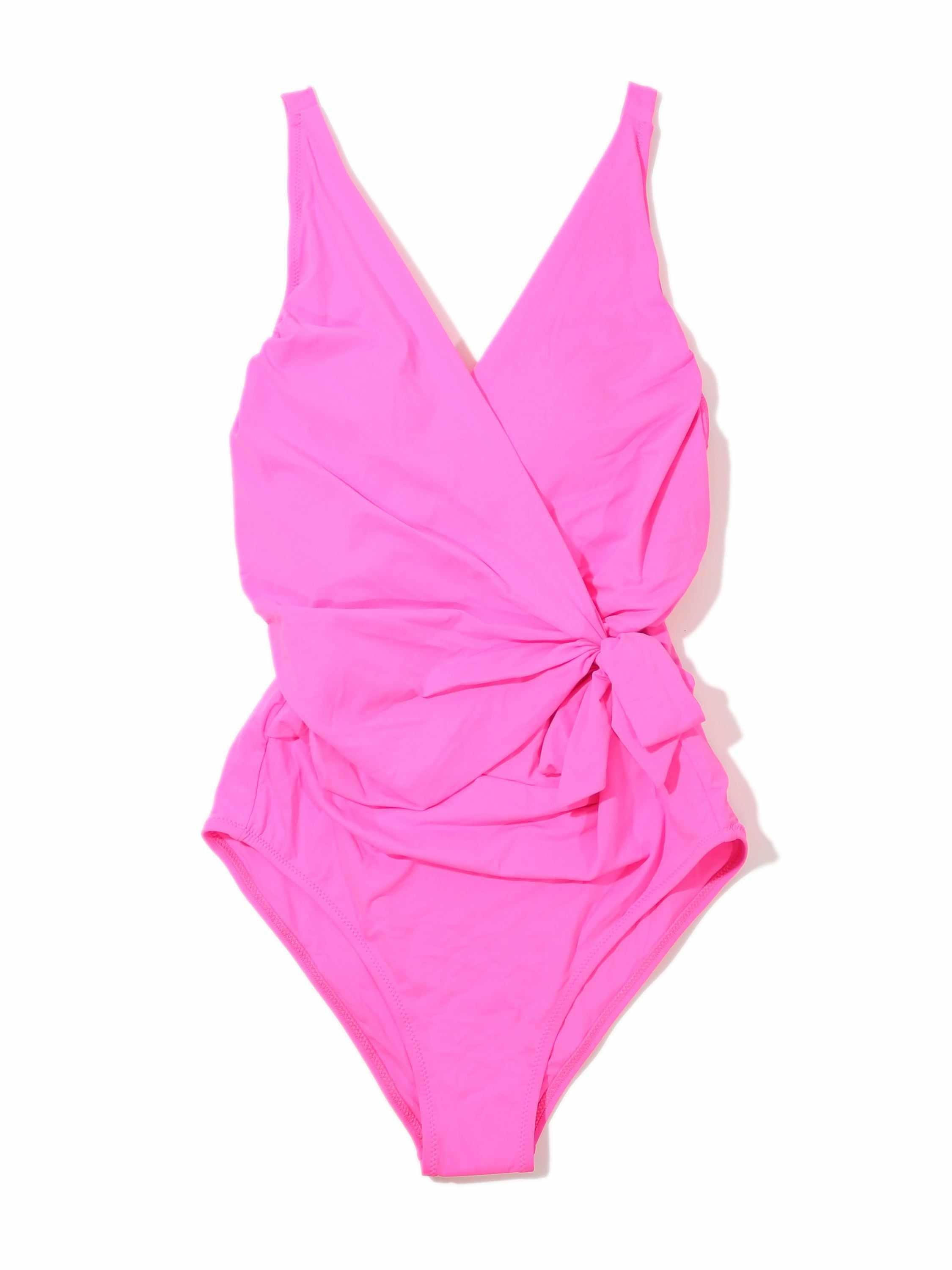 Unapologetic Pink Wide Strap Wrap One Piece Swimsuit - Flat Lay, Side Tie Detail | Hanky Panky