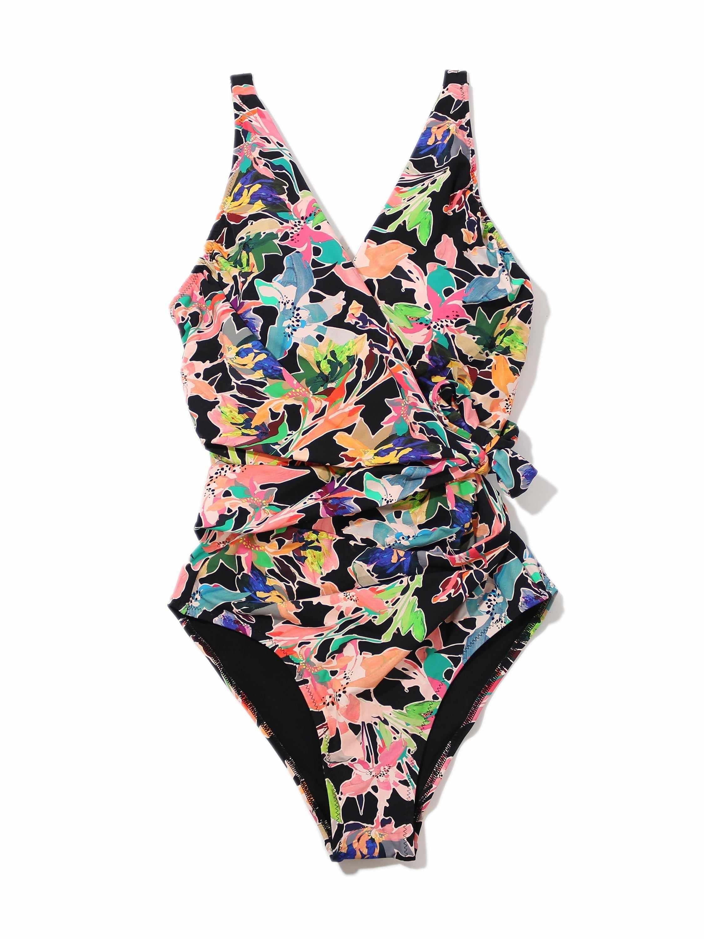Floral Print Wide Strap Wrap One Piece Swimsuit, Flat Lay - Front | Hanky Panky