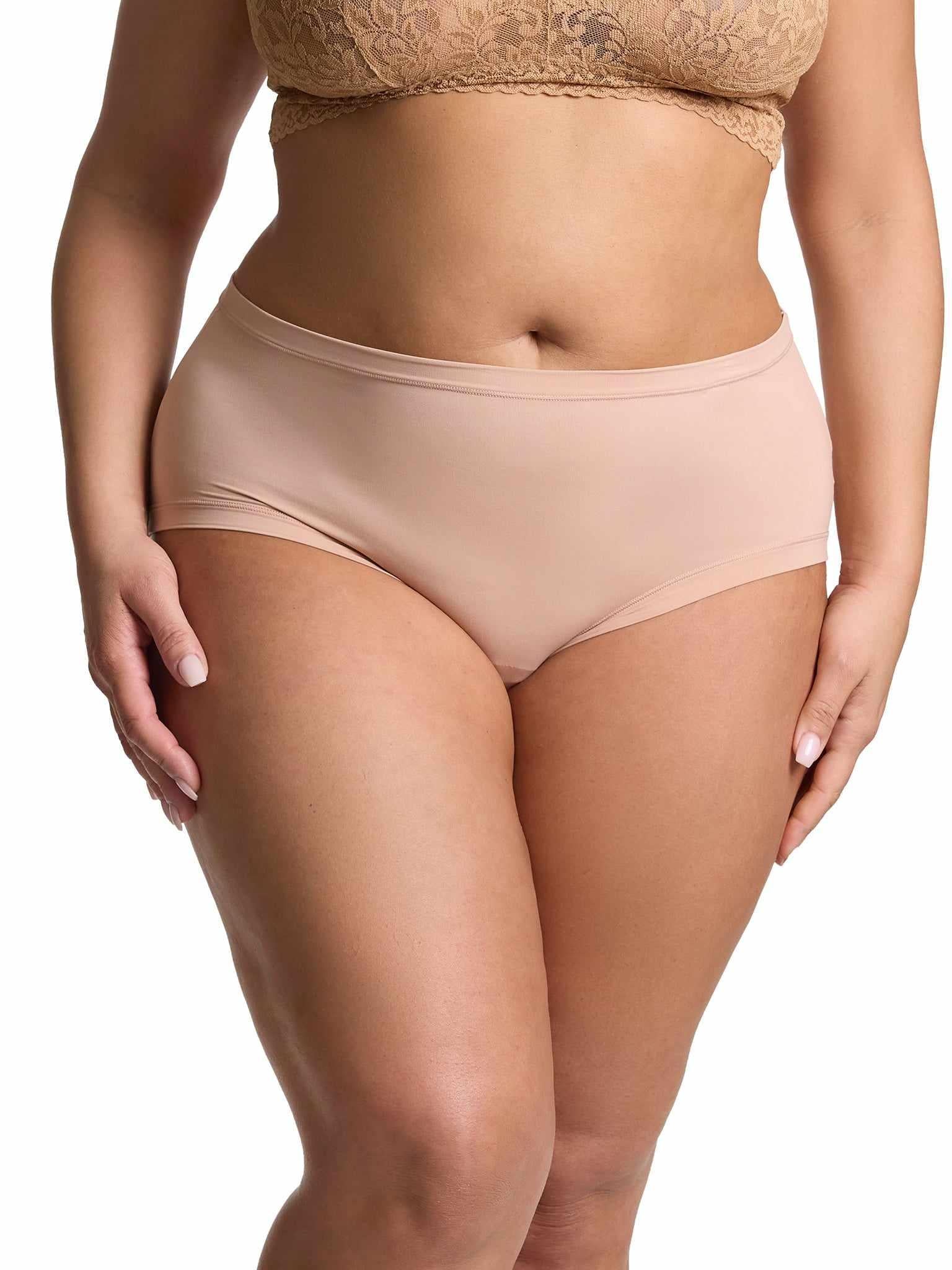 Almond Milk Neutral YourFit™ Boyshort - Front View On Curve Model | Hanky Panky