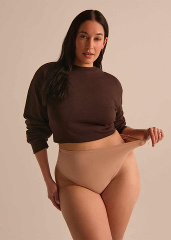 YourFit™ High Rise Thong Almond Milk Neutral - On Model Lifestyle, Stretchy High Waisted Thong | Hanky Panky