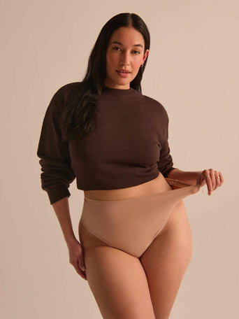 YourFit™ High Rise Thong Almond Milk Neutral - On Model Lifestyle, Stretchy High Waisted Thong | Hanky Panky