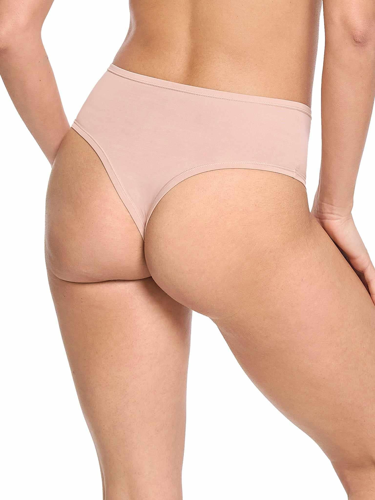 YourFit™ High Rise Thong Almond Milk Neutral - Back View On Model, No Panty Lines High Waisted Thong | Hanky Panky