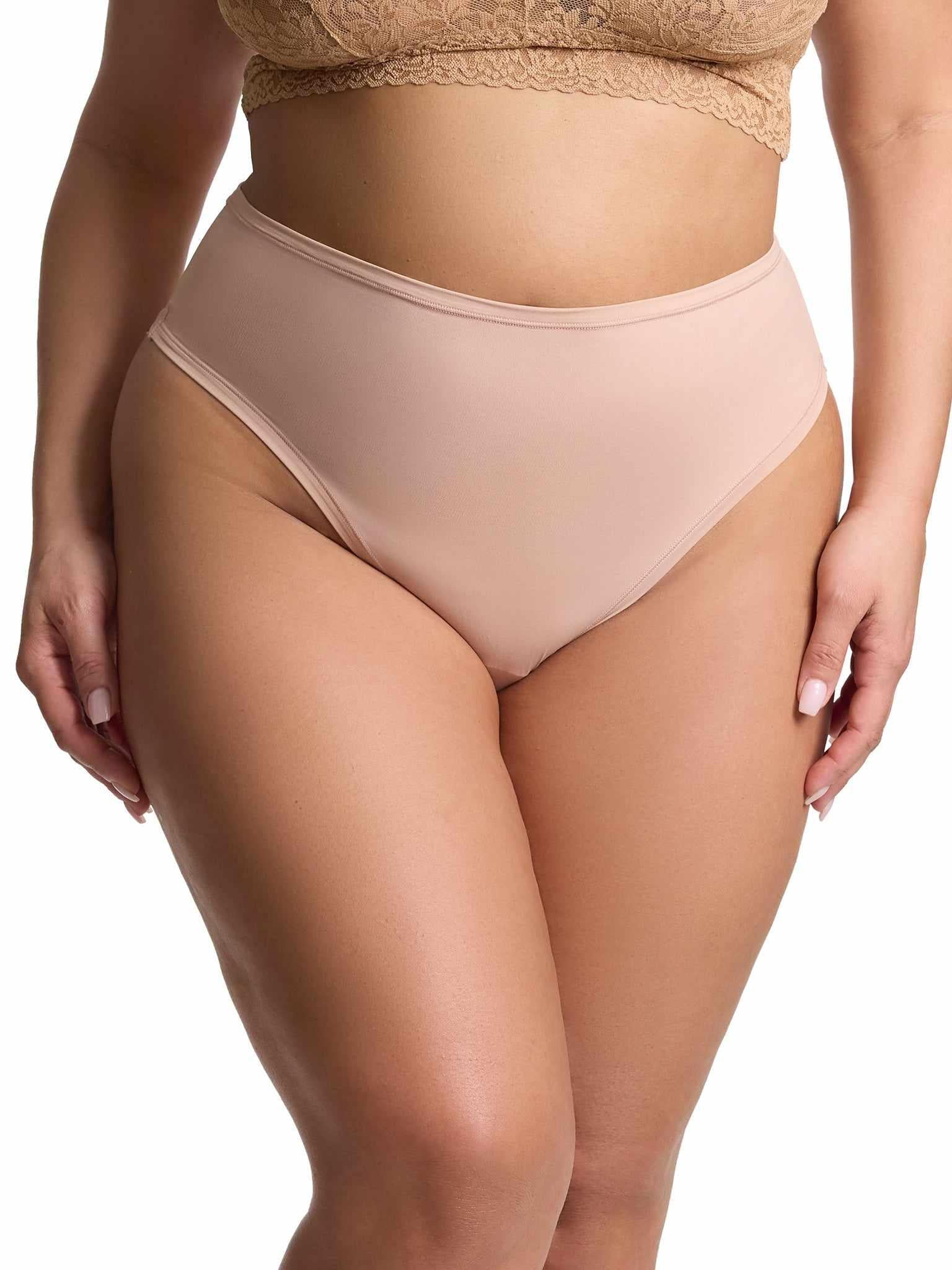 YourFit™ High Rise Thong Almond Milk Neutral - Front View Plus Size Model with Lace Bralette | Hanky Panky