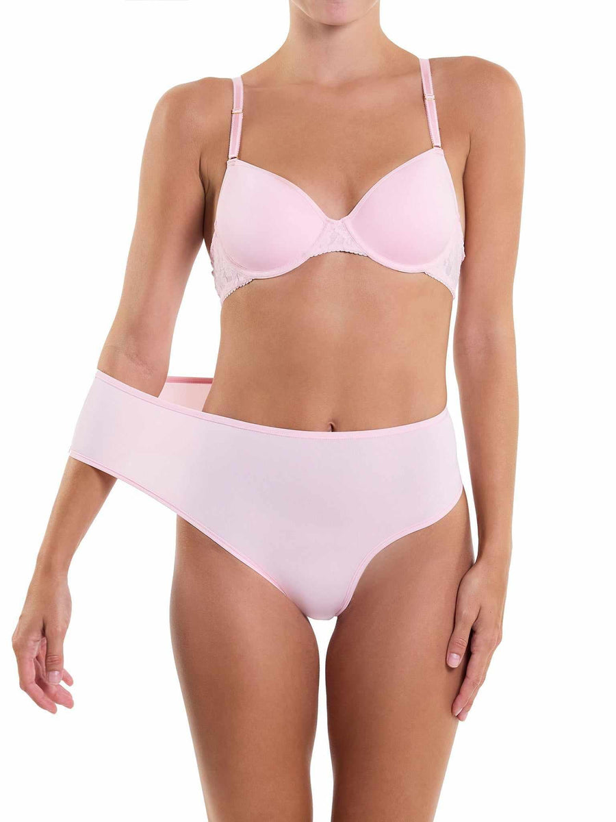 Bliss Pink YourFit™ High Rise Thong Styled with Matching Pink Bra - Front On Model | Hanky Panky