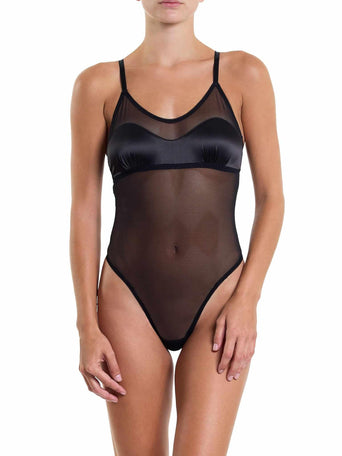 Black Sheer Mesh & Satin Thong Bodysuit - Front View On Model | Hanky Panky