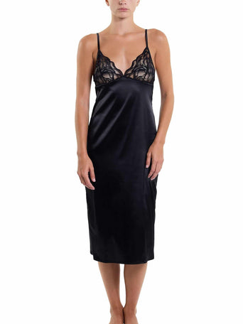 &oh Dark Romance Black Satin Lace Slip Dress - Front View On Model | Hanky Panky