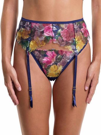 &oh Wildly Blooming Floral Mesh Garter Belt Dark Sky Blue - Front On Model | Hanky Panky