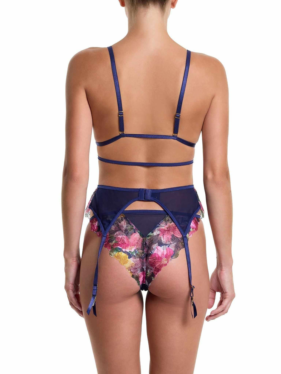 &oh Wildly Blooming Floral Garter Belt Dark Sky Blue - Back View with Matching Strappy Bralette | Hanky Panky