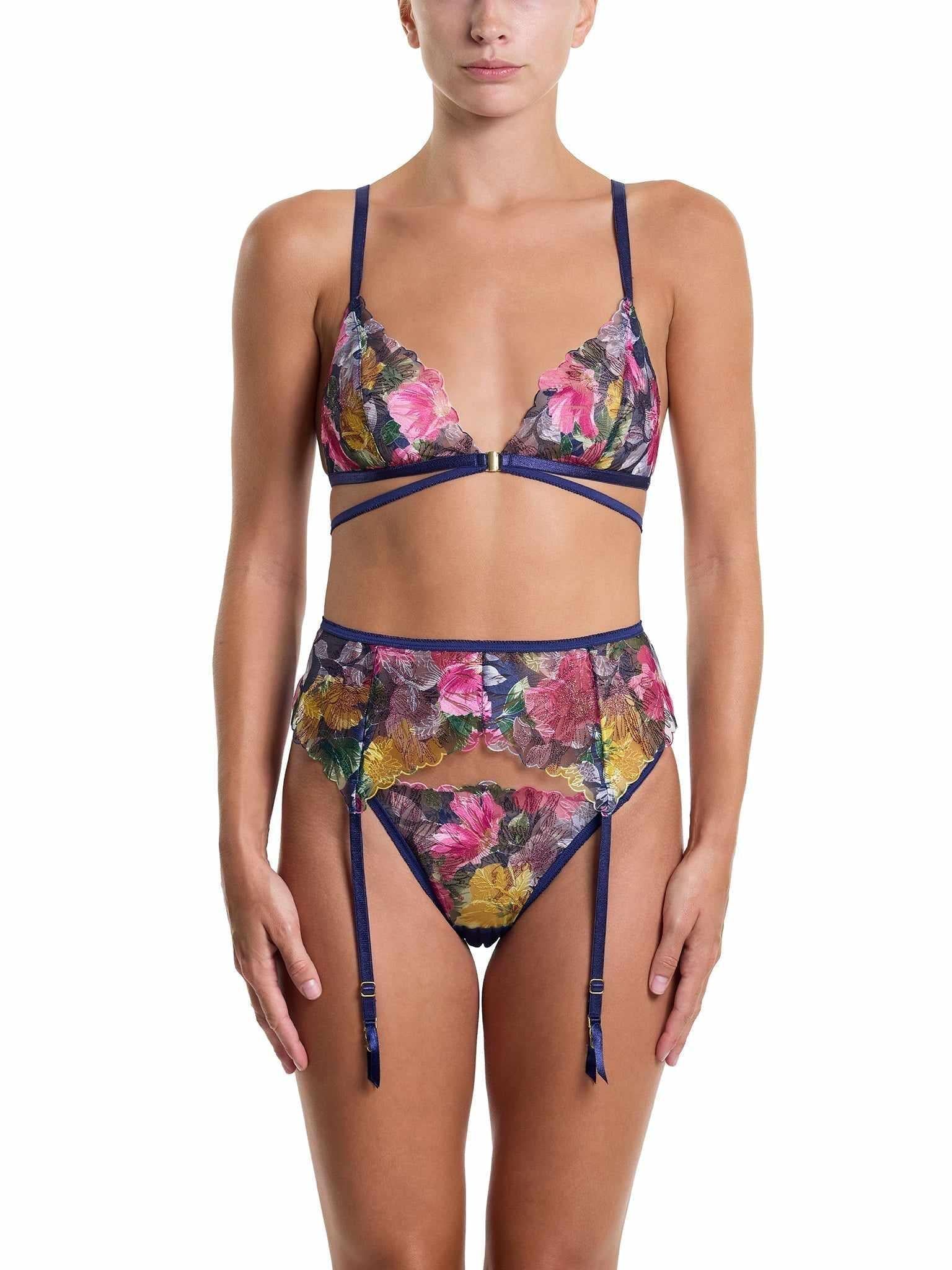 &oh Wildly Blooming Floral Garter Belt Dark Sky Blue - Full Front Look with Matching Bralette Set | Hanky Panky