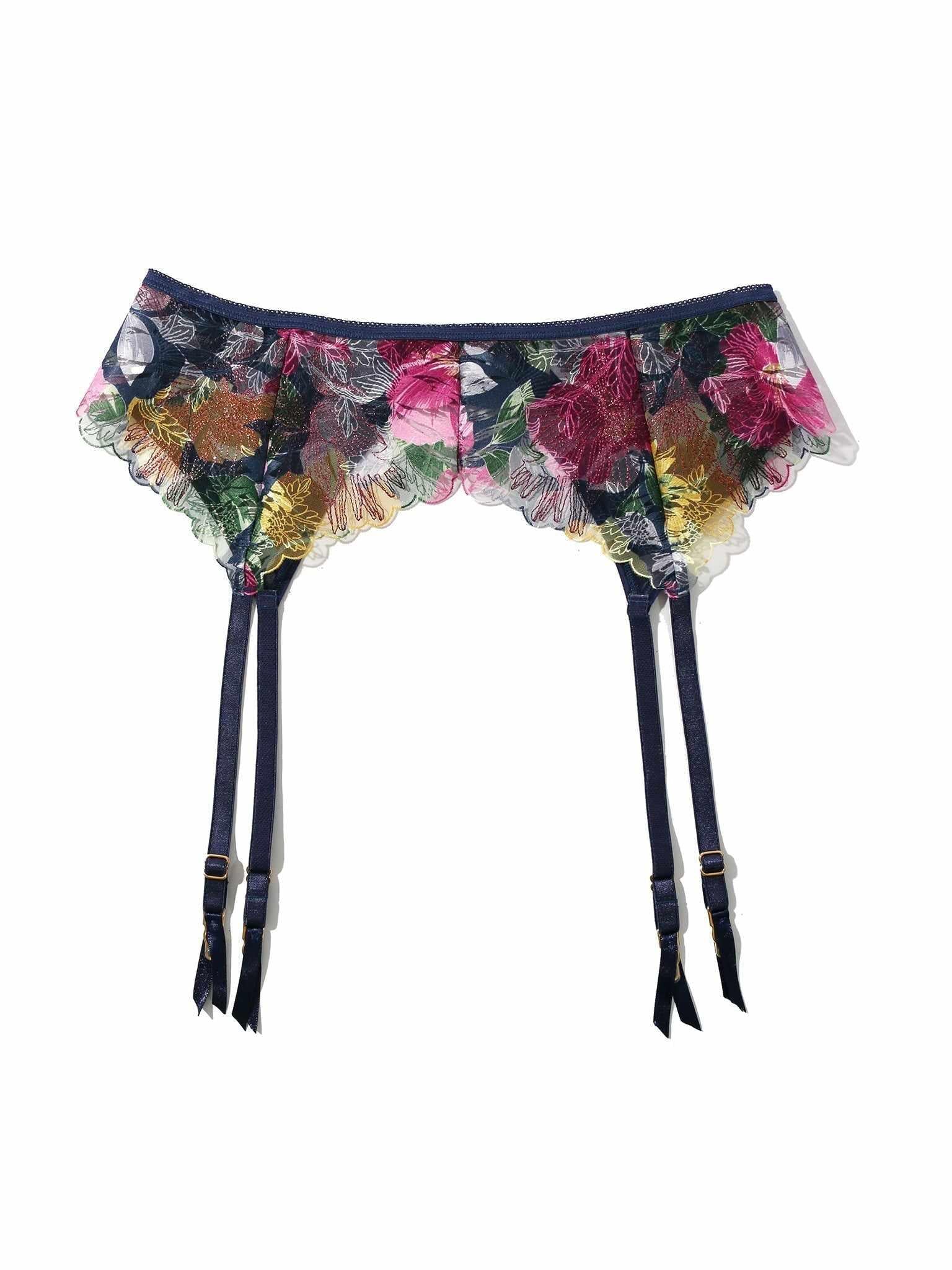 &oh Wildly Blooming Floral Mesh Garter Belt Dark Sky Blue - Flat Lay with Gold Clasp Detail | Hanky Panky