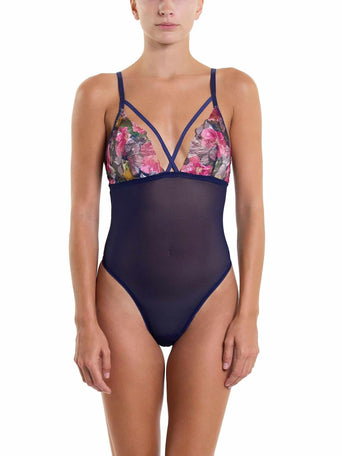 &oh Wildly Blooming Strappy Bodysuit Dark Sky Blue - Front View, Floral Mesh Lingerie Bodysuit | Hanky Panky