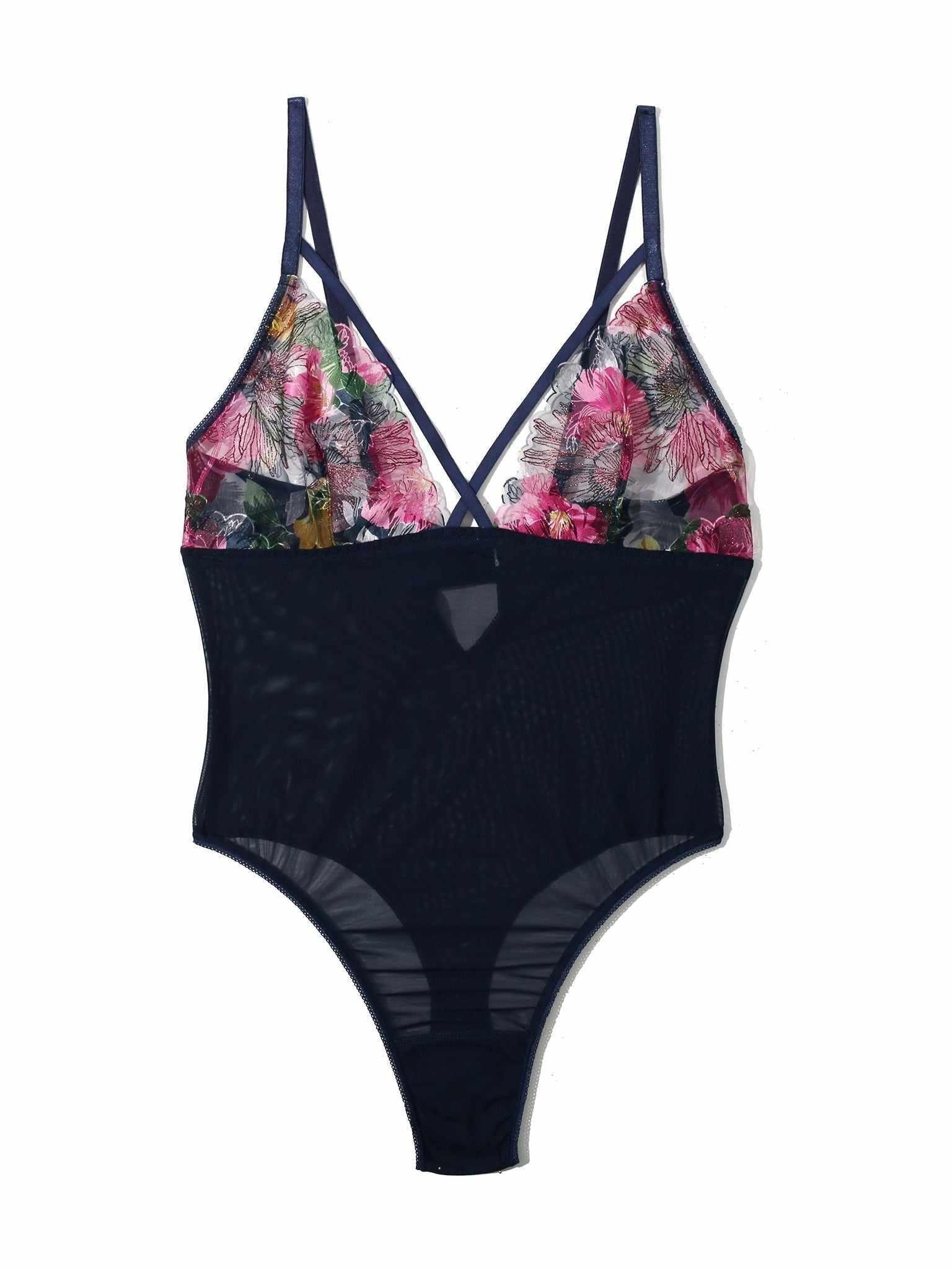&oh Wildly Blooming Strappy Bodysuit Dark Sky Blue - Flat Lay, Floral Print Mesh Lingerie Bodysuit | Hanky Panky