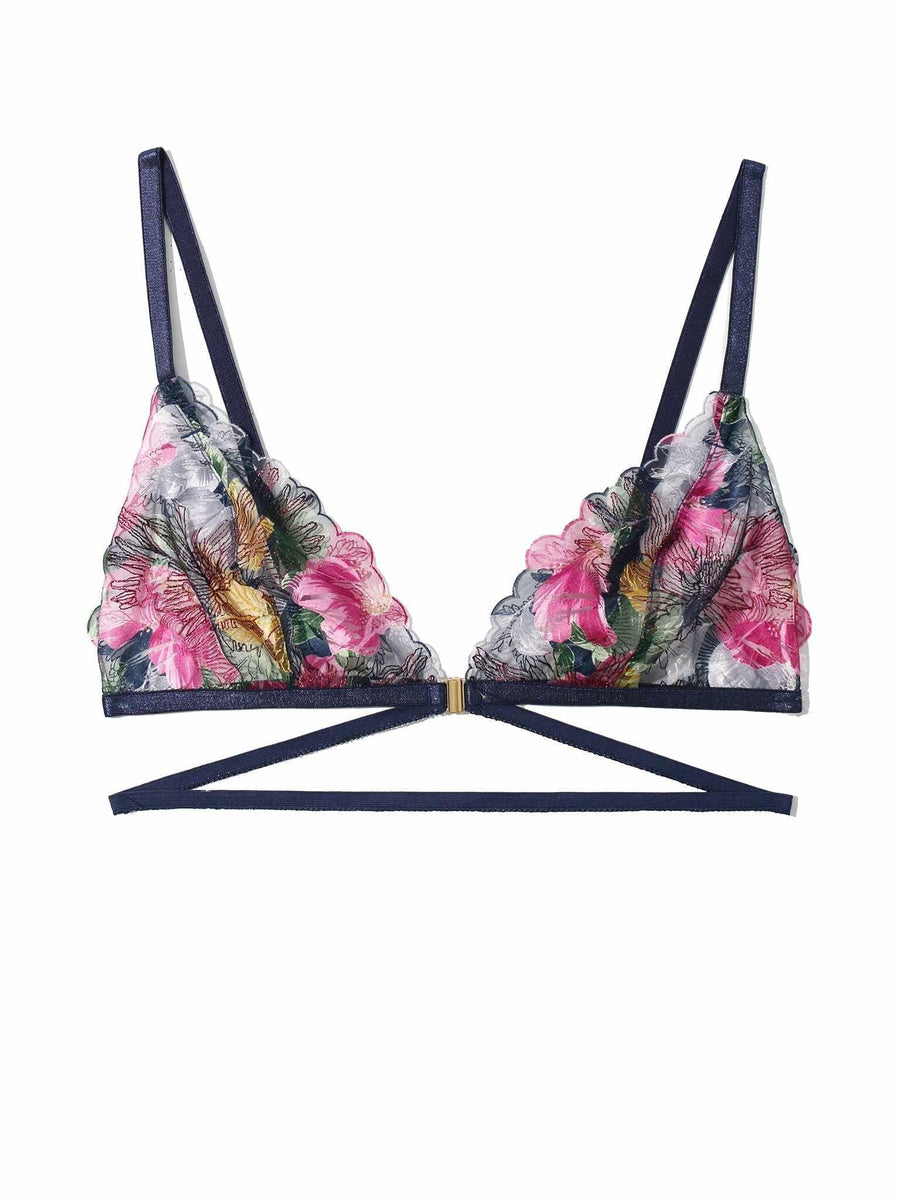 &oh Wildly Blooming Strappy Triangle Bralette Dark Sky Blue - Flat Lay Floral Mesh Detail | Hanky Panky