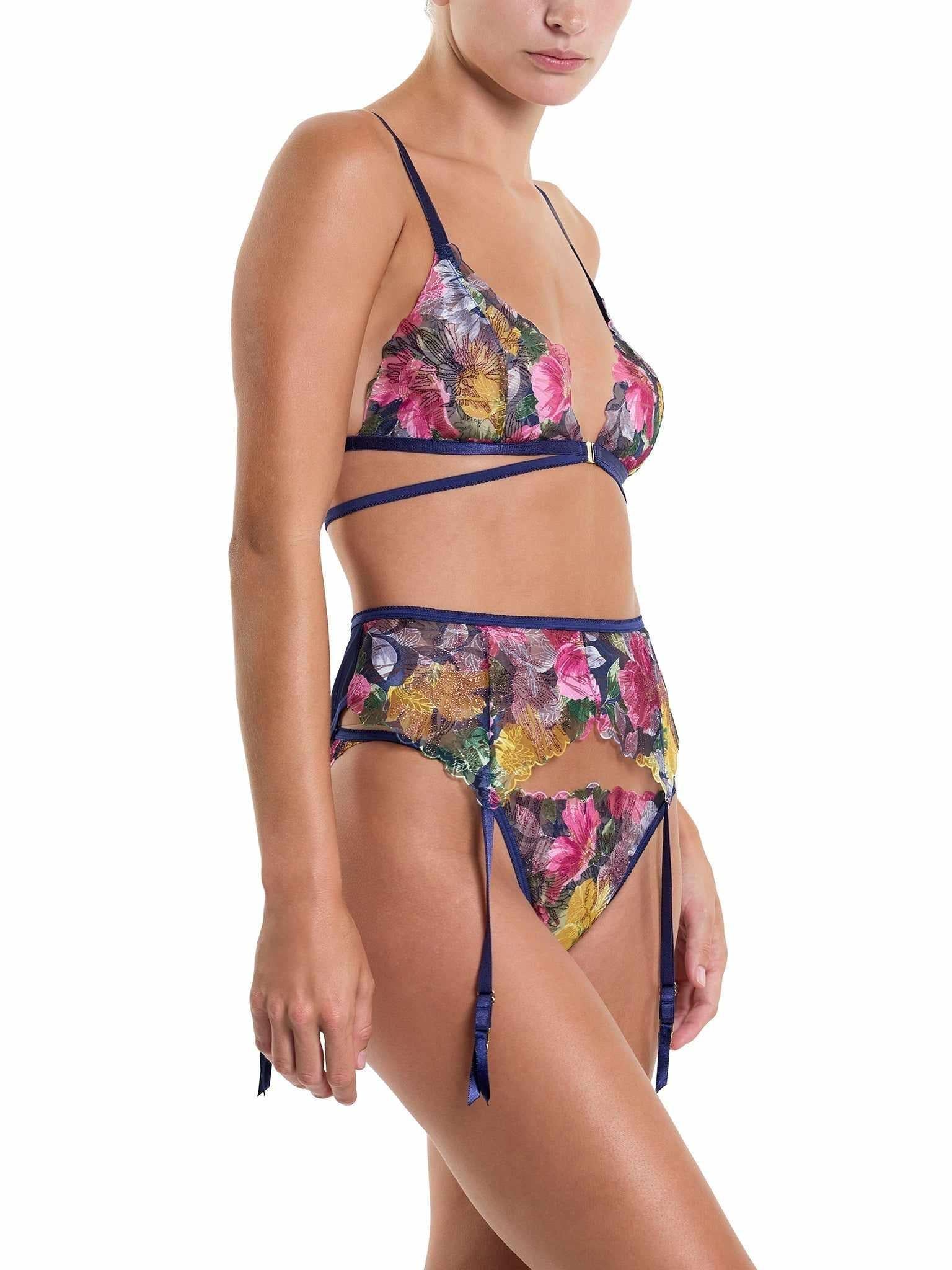 &oh Wildly Blooming Strappy Triangle Bralette Dark Sky Blue - Side View Styled Lingerie Set | Hanky Panky
