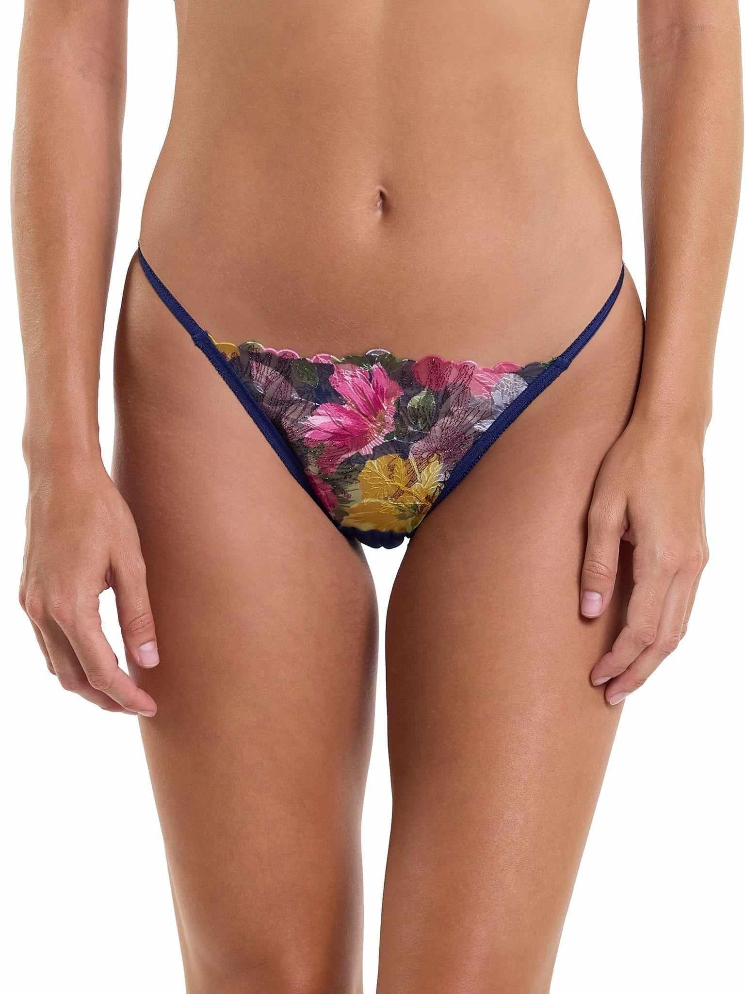 &oh Wildly Blooming Tanga Dark Sky Blue - Front View, Floral Mesh Tanga Panty On Model | Hanky Panky