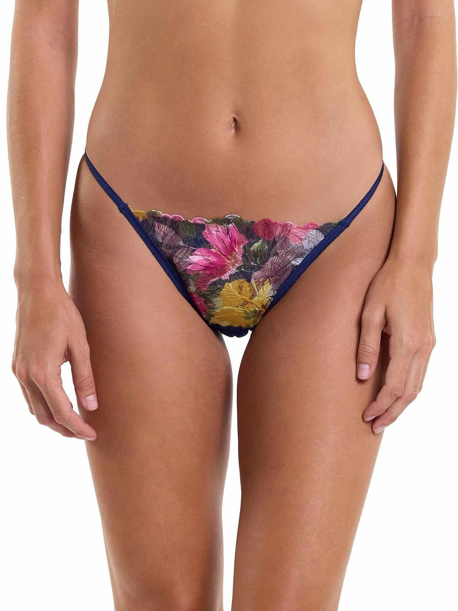 &oh Wildly Blooming Tanga Dark Sky Blue - Front View, Floral Mesh Tanga Panty On Model | Hanky Panky