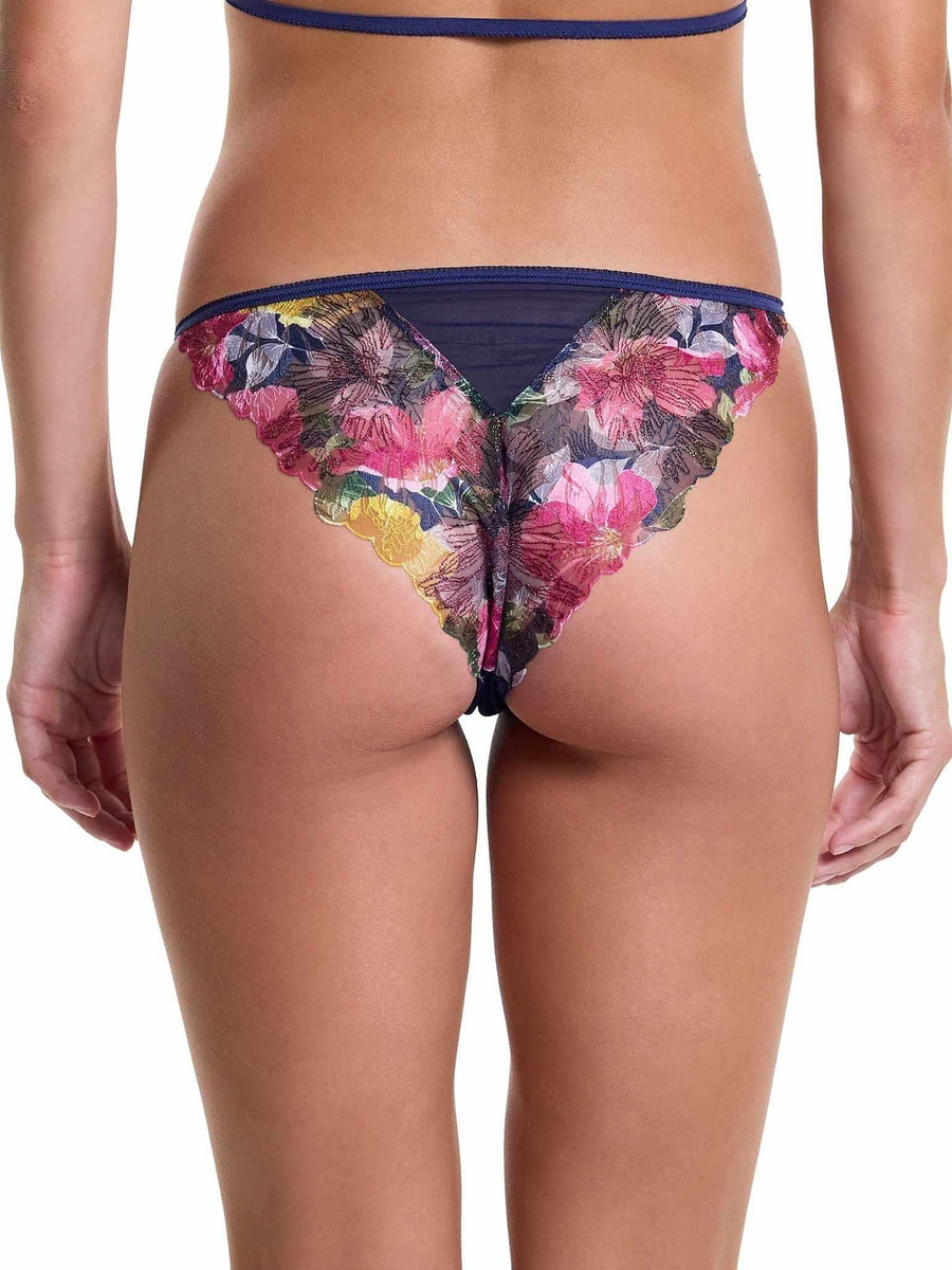 &oh Wildly Blooming Tanga Dark Sky Blue - Back View, Butterfly Floral Embroidery On Model | Hanky Panky