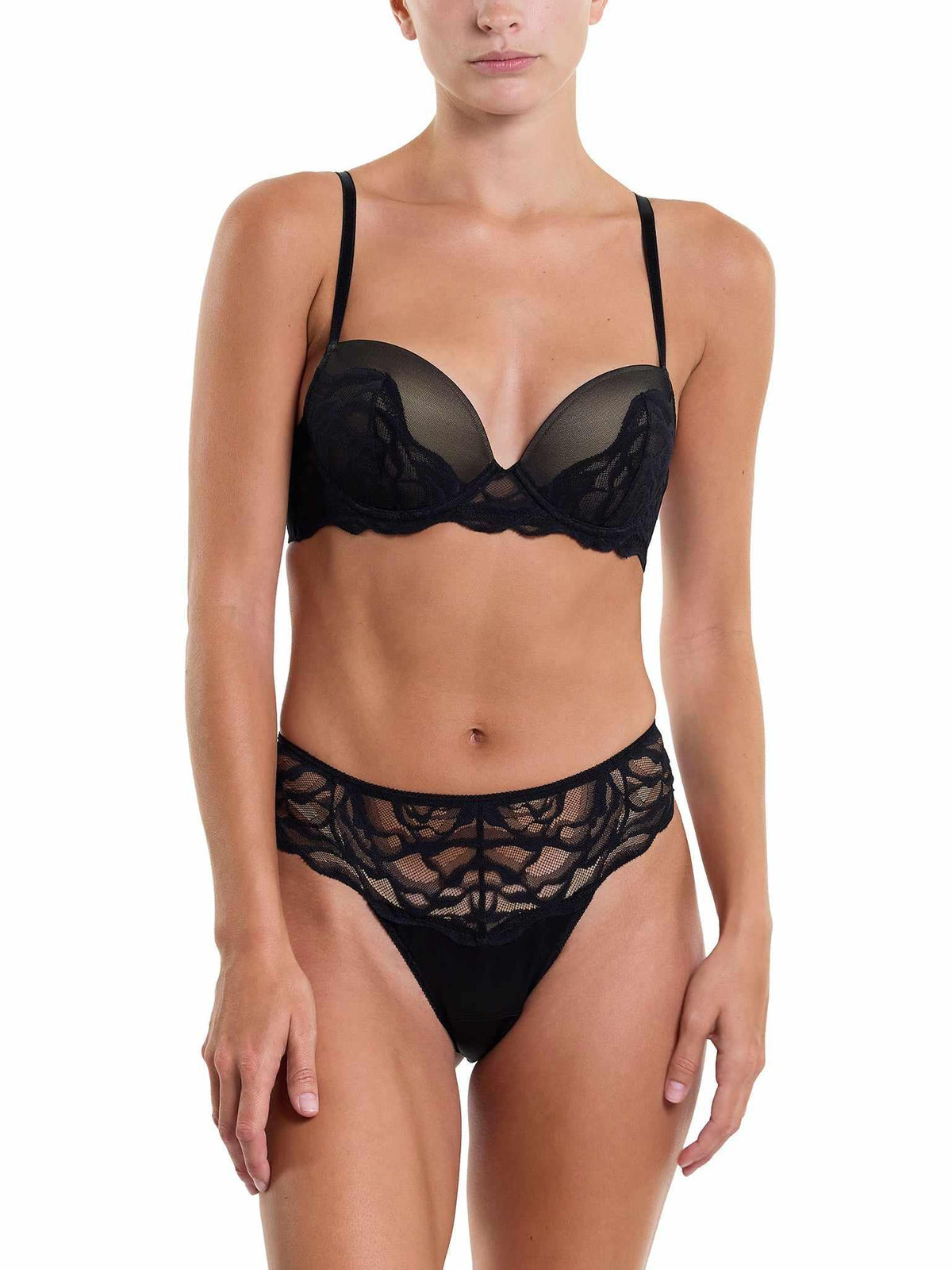 &oh™ Dark Romance Black Lace Underwire Bra - On Model Front View with Matching Lace Thong | Hanky Panky